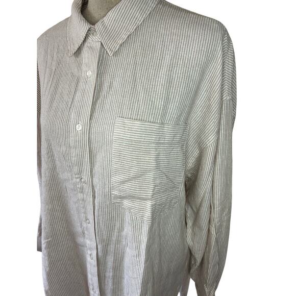 JustFab Linen Blend Top Striped oxford White/Beige Shirt lagenlook Resort wear - Picture 3 of 9